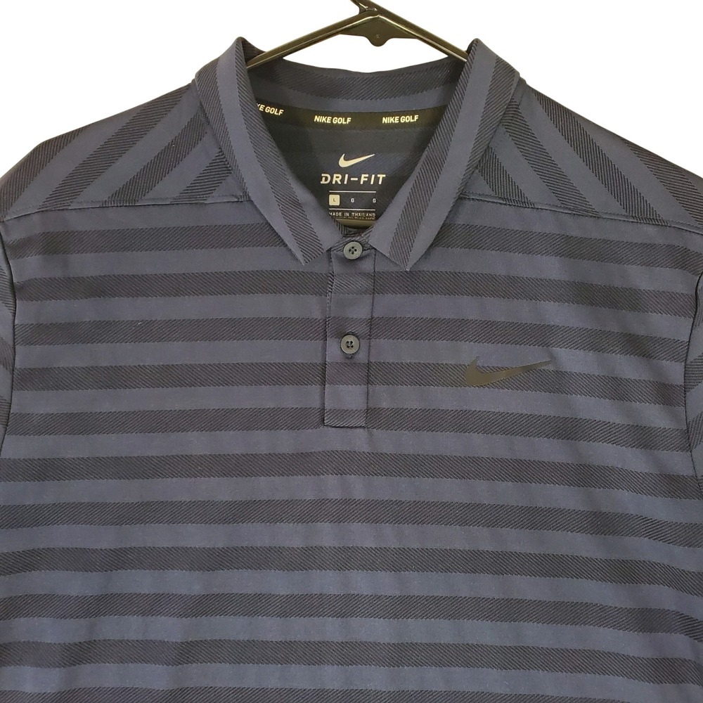 Nike Golf Dri-FIT Mens Large Navy Blue Black Striped Short Sleeve Polo Shirt